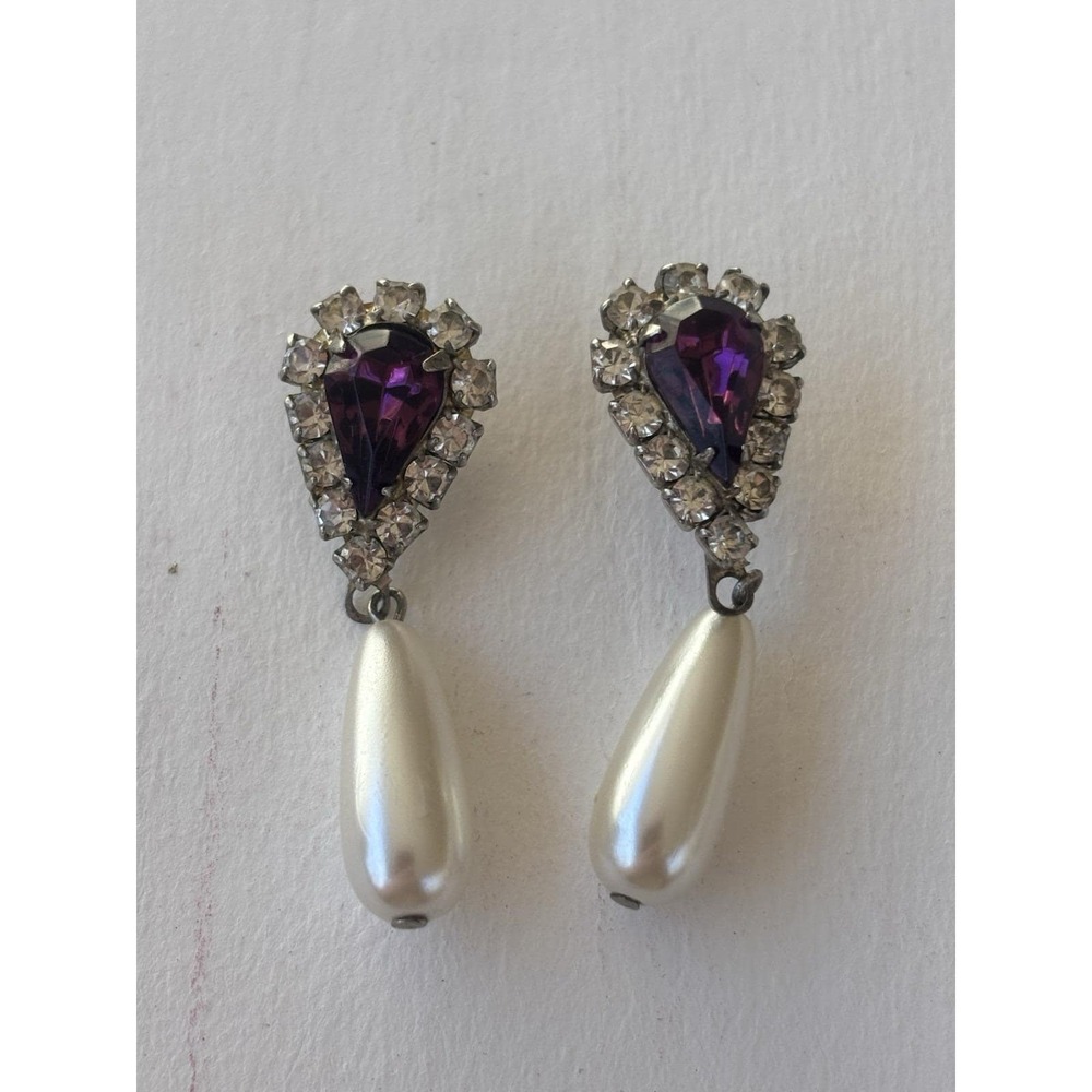 Earrings Purple Rhinestones Pearl Gold Tone Jewelry About 1"